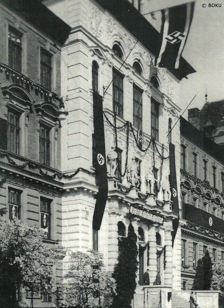 Main building with swastika flags