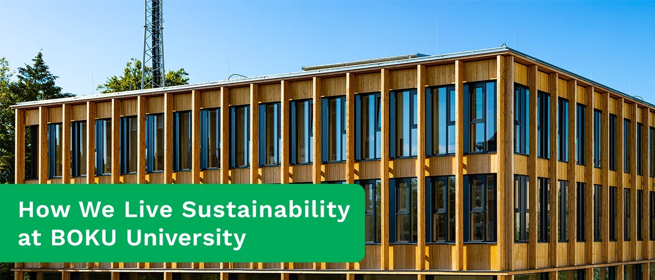 © BOKU Text in picture in front of BOKU building: how we live sustainability at BOKU university