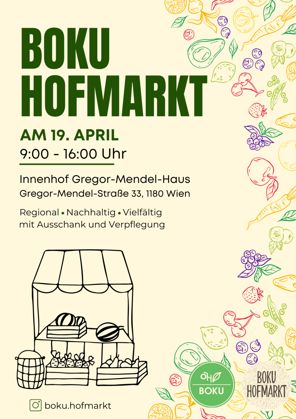 Der BOKU Hofmarkt findet am 19. April von 9:00-16:00 Uhr im Innenhof des Gregor-Mendel-Hauses statt