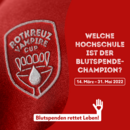 © Österreichisches Rotes Kreuz Logo des Vampire Cup (mit Vampierzähnen und einem Tropfen) auf einen roten Stoff gestickt. Schriftzug: Welche Hochschule ist der Bludspende-Champion?; Blutspenden rettet Leben!